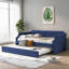 Upholstered Platform Daybed, Versatile Small Space Guest Room Furniture, Classic Blue Linen Twin Size With Pull Out Trundle
