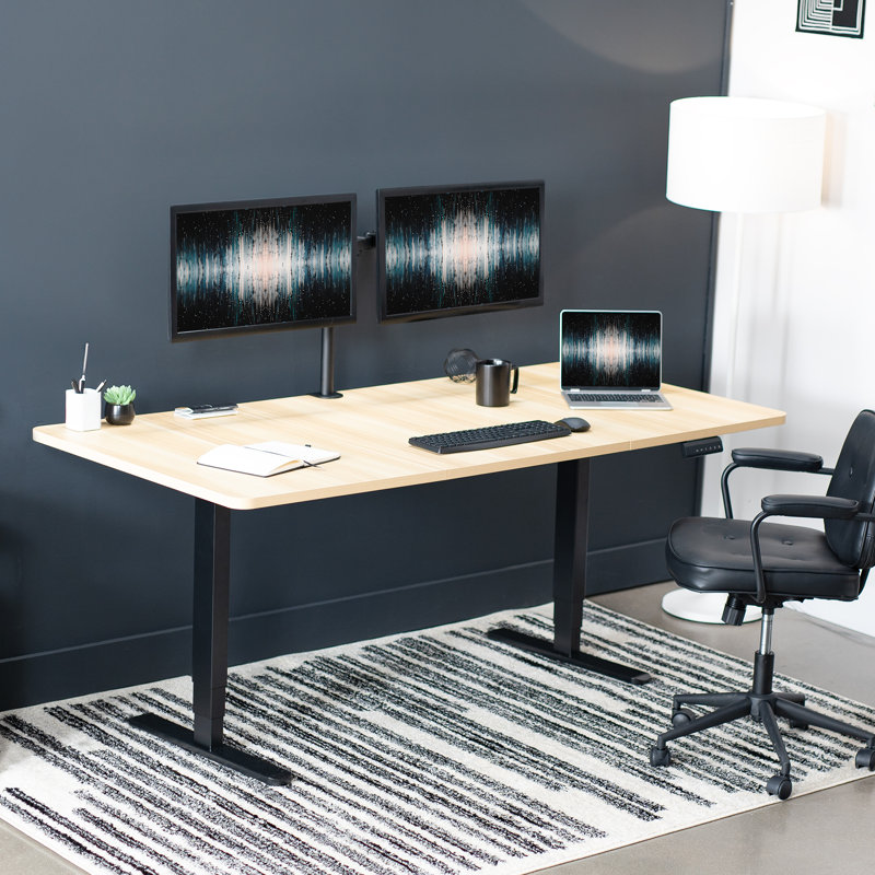 71" Light Wood and Black Adjustable Standing Desk with Electric Height Adjustment