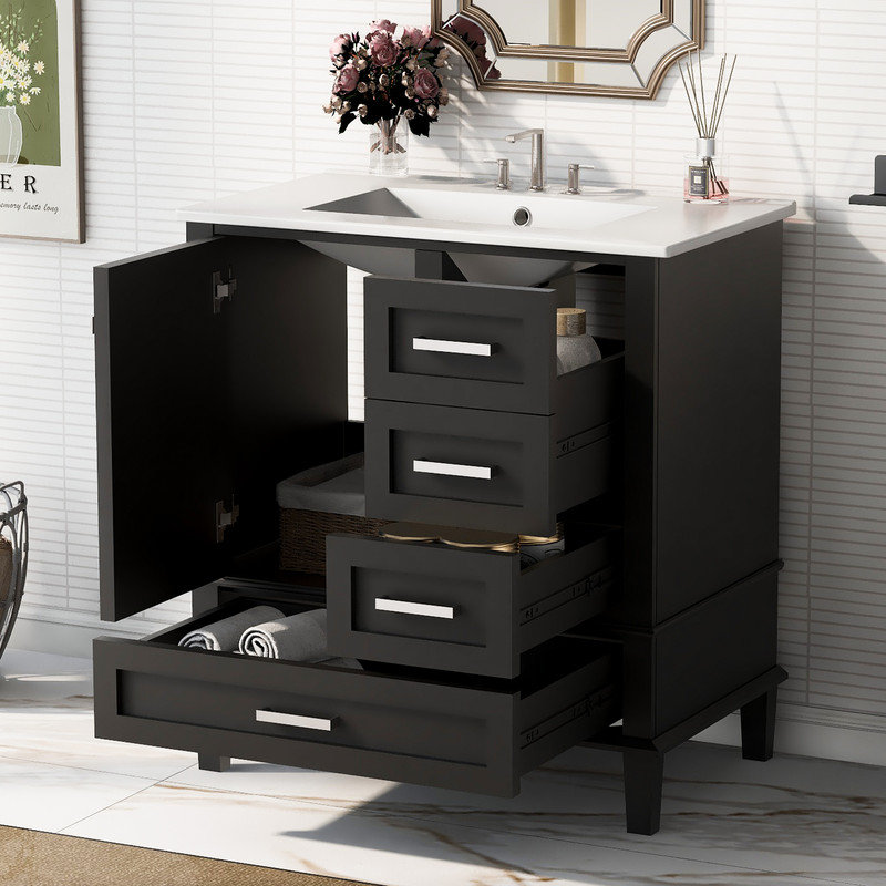 Meuble-lavabo noir 30 po avec lavabo 30 po, 3 tiroirs, porte à fermeture douce, structure en bois massif