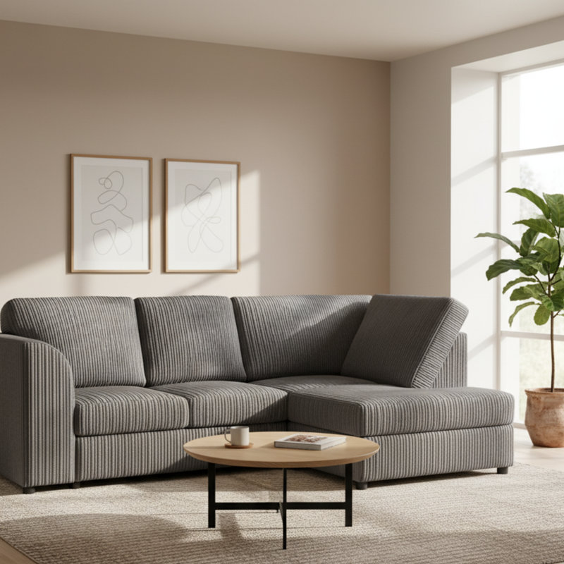 4 Seater Jumbo Cord Corner Sofa High Back Cushion including Foot Stool, Right Hand Facing, Grey