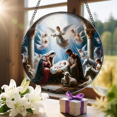 Stained Glass Window Hanging, 8'' Nativity Scene Suncatcher, Stained Glass Ornament, Nativity Scene Window Decor, Outdoor Or Indoor, Christian Gifts, Religious Gifts For Women
