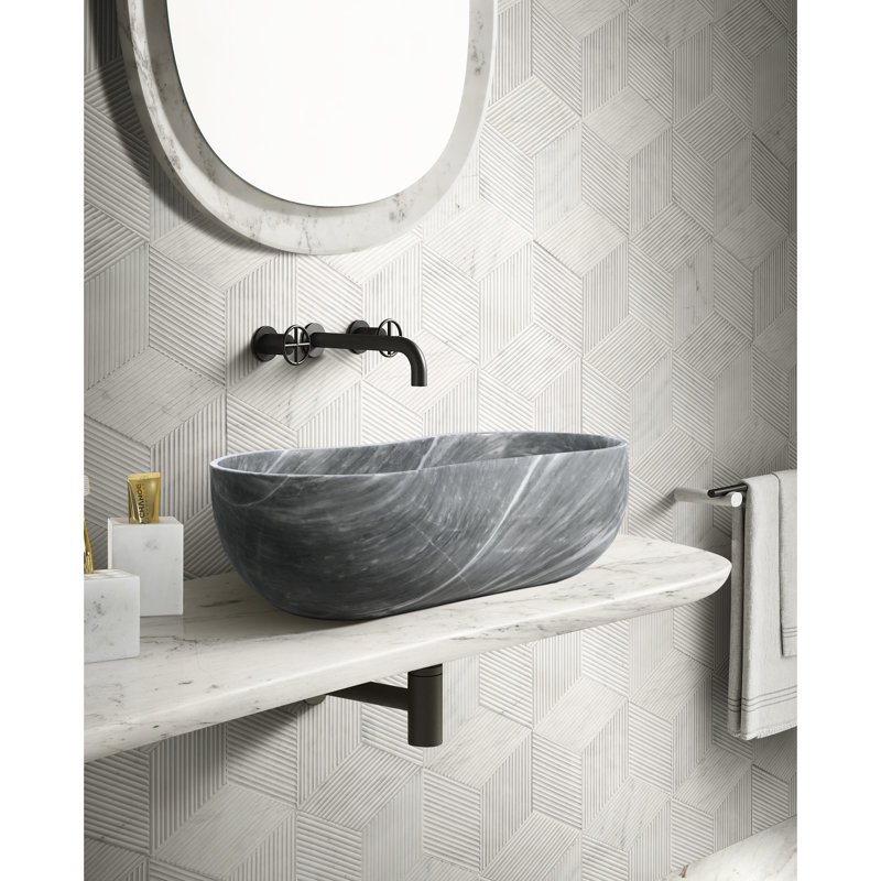 Lavabo de salle de bain en marbre gris, profondeur de 23,6 po, hauteur de 7,1 po, silhouette ondulée distinctive, lavabo naturel facile à nettoyer pour la salle de bain, 23,6 po x 14,2 po x H 7,1 po, conception, entretien
