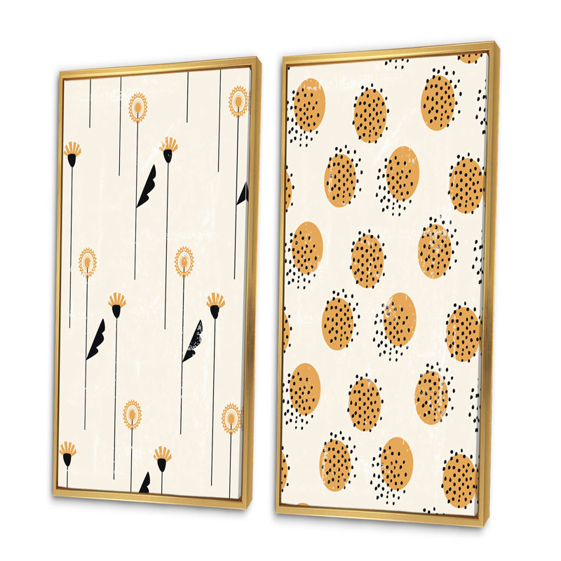 «Retro Vintage Boho Doodles and Geometrics I», ensemble de 2 peintures, H 40 po x l 40 po x P 1,5 po, Toile avec cadre doré