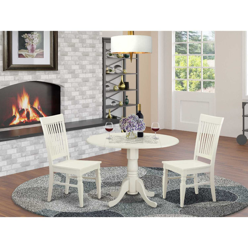 Maytham Pedestal Dining Set, Linen White, 3 Pieces: 1 Table, 2 Chairs