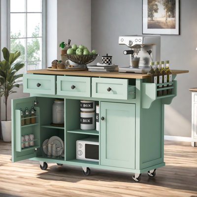 Mobile Kitchen Island With Expandable Rubberwood Countertop, 3 Spacious Drawers, Storage Cabinet With Door Racks, And 5 Smooth-Rolling Wheels by Lark Manor