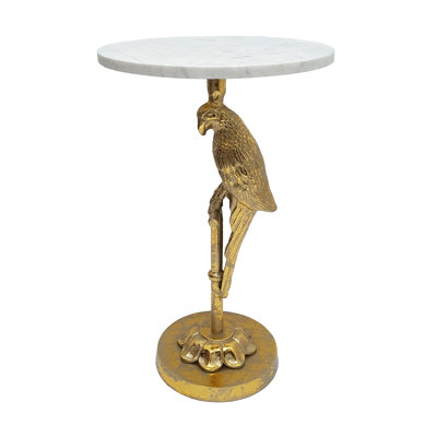 D14x22.5" Gold Aluminum Parrot Sculptural Side Table with White Marble Top