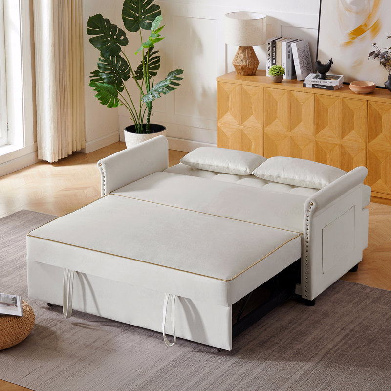 Velvet Sofa Bed: Sleeper Couch, Convertible Design, Beige