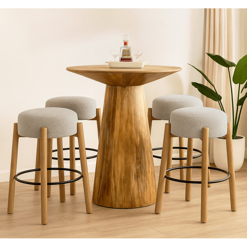 Jaden 36" Bar Table Set With 4 Natalia Bar Stools In Silver Boucle Fabric