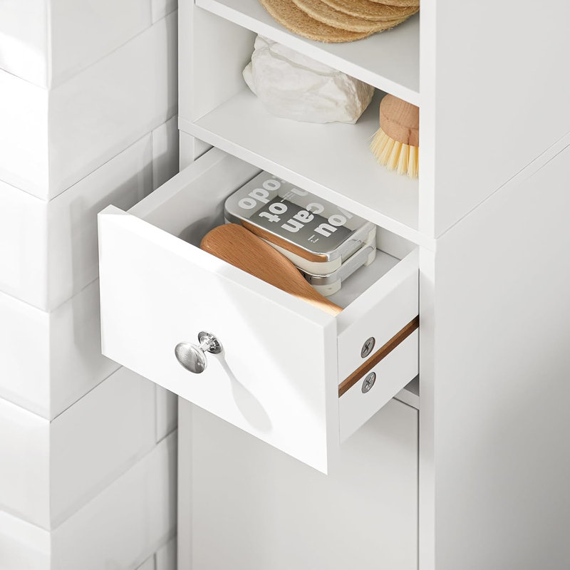 Armoire de rangement autoportante de 71 po de hauteur avec tiroir, 2 portes et 4 tablettes réglables - Tour en lin blanche étroite pour les petits espaces, buanderie, rangement pour garde-manger