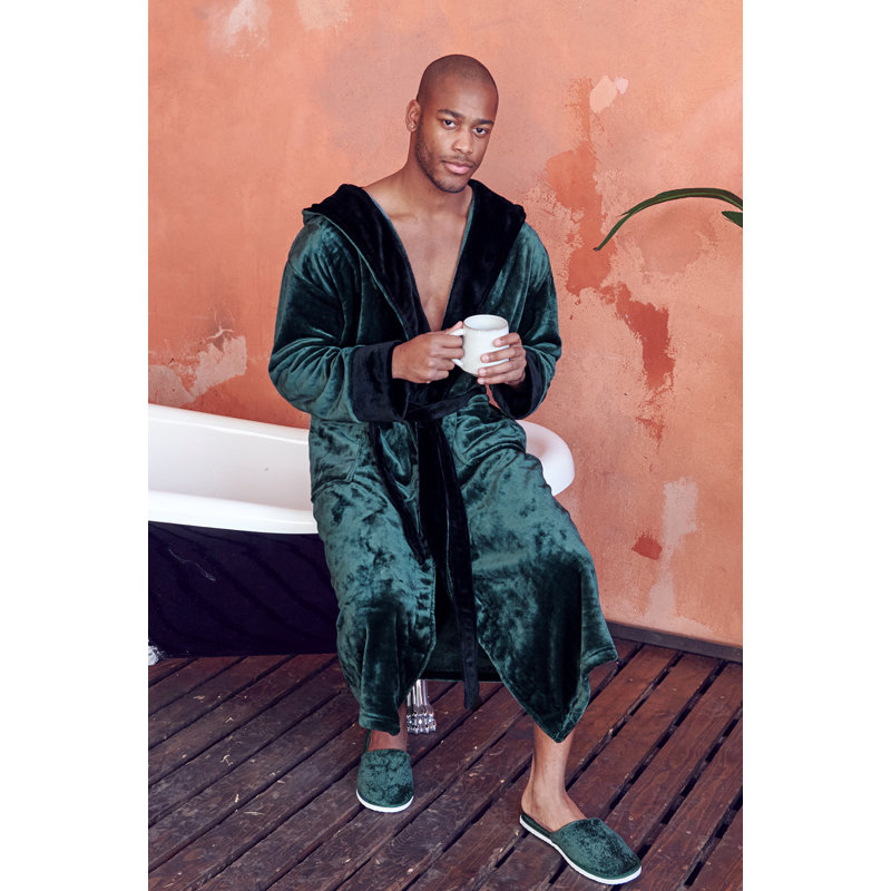 LOTUS LINEN - Peignoir moelleux à capuche, M / G, Vert/noir