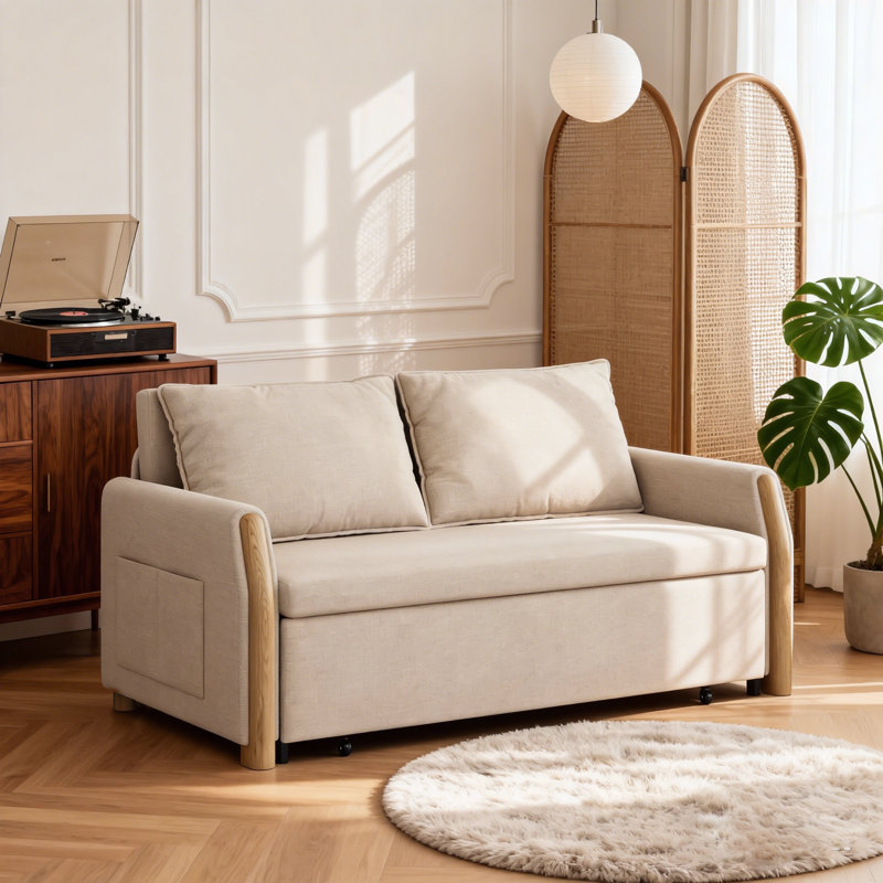 Beige Pull-Out Sofa Bed with Solid Wood Storage Chest and Solid Wood Arms Fast Dispatch From UK Warehouse – Dispatched Within 2 Days