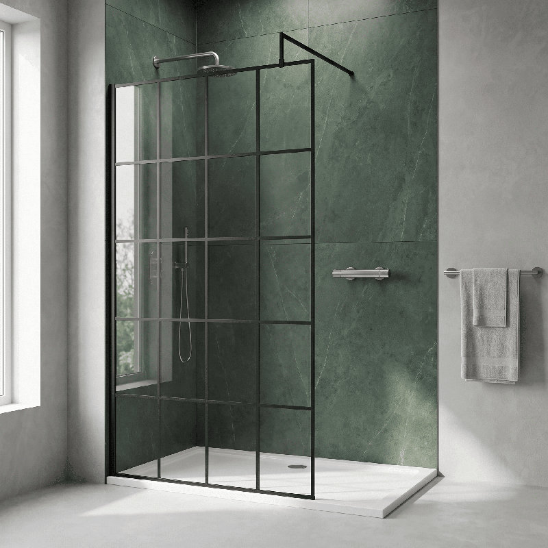 nuie 1200mm Matt Black Framed Wetroom Screen With Support Bar