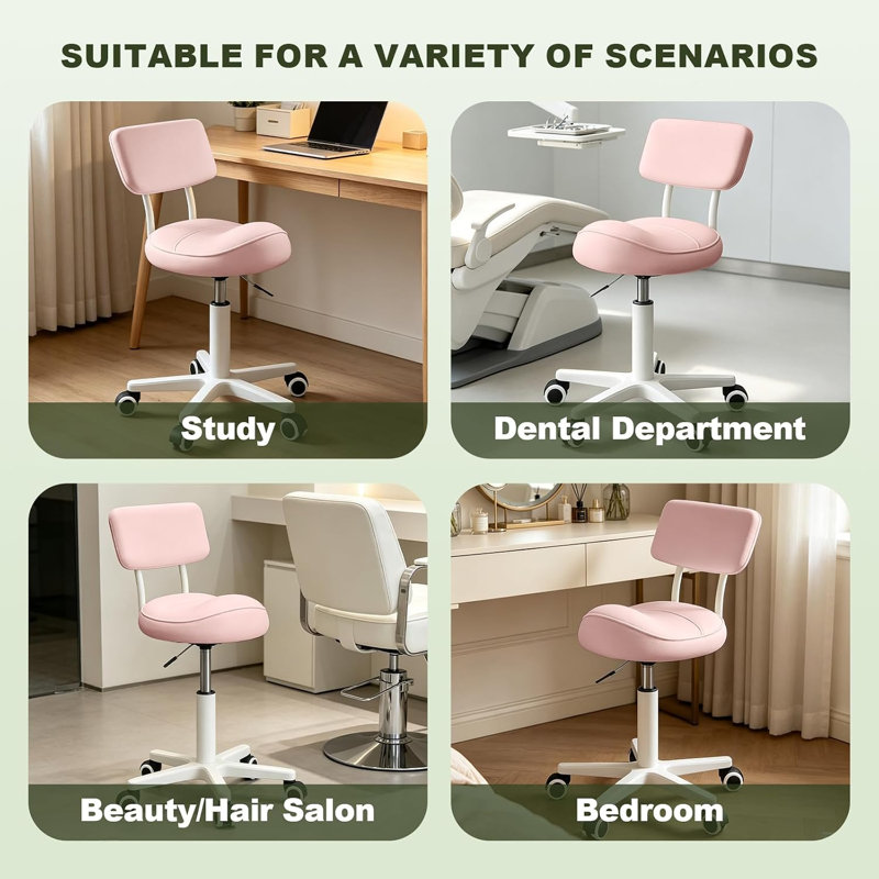 Tabouret ergonomique selle avec dossier, chaise pivotante à roulettes réglable en hauteur, rose, Rose
