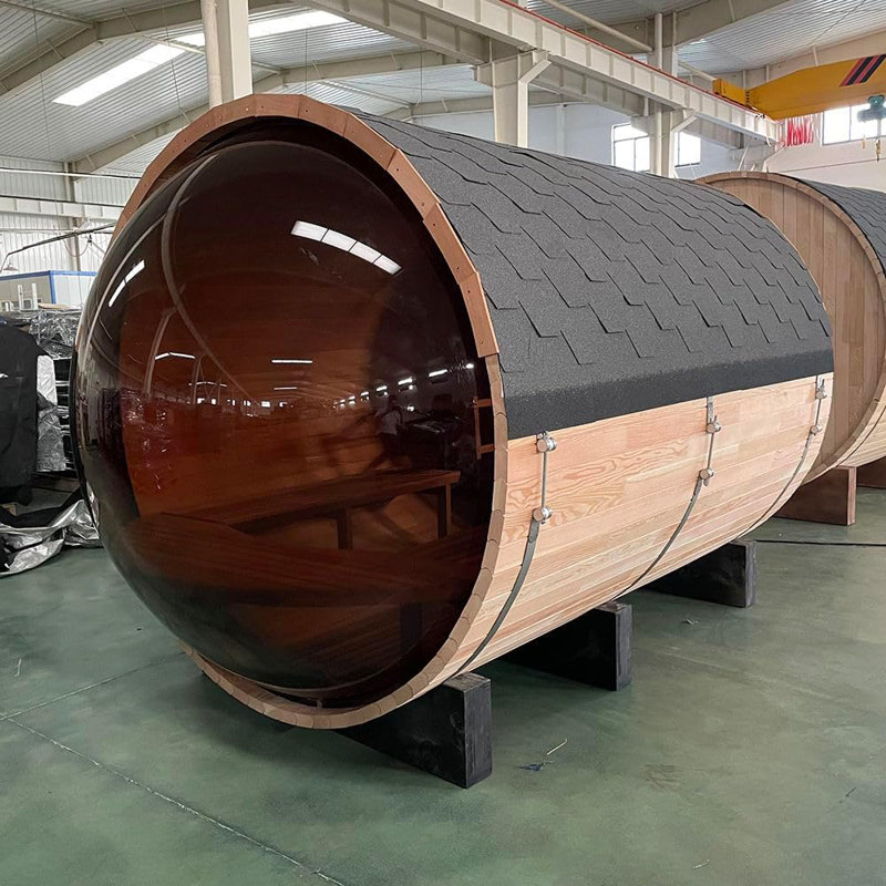 Outdoor Barrel Steam Sauna with Panoramic View, Canadian Red Cedar Wood Sauna for 4-6 Person, 6KW Heater, Rocks, 8mm Tempered Glass, Waterproof System 74.8"W x 70.9"D x 74.8"H