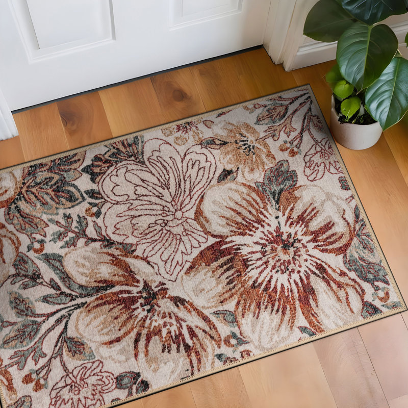 Tapis de sol Botanical Bloom couleur crème ivoire, lavable à la machine, en polyester avec envers antidérapant, Crème