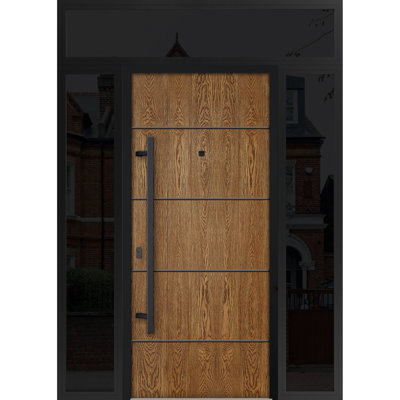Porte d'entrée extérieure prémontée en acier Deux 6683 Chêne naturel, 2 fenêtres latérales et supérieures, imposte latérale, métal peint, style moderne, largeur 12+36+12 x hauteur 80+16, ouverture à droite vers l'intérieur