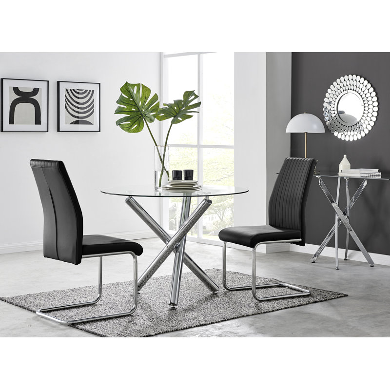 Seline Modern Round Dining Table Set in Glass and Chrome with 2 Upholstered Faux Leather Chairs, Black