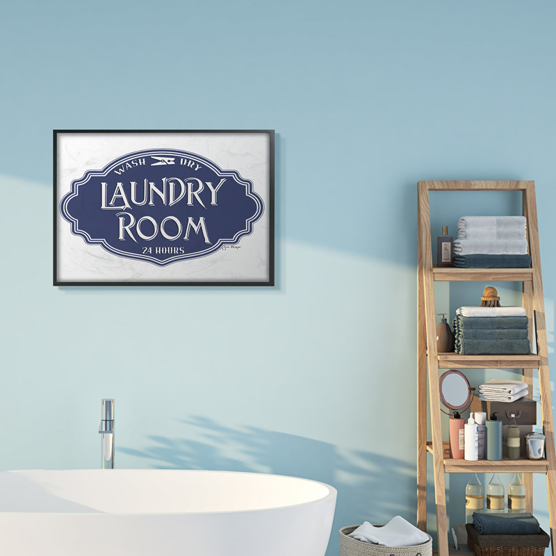 «Vintage Laundry Room Sign Minimal Blue White» par Jill Meyer, reproduction d'art textuel, Cadre noir