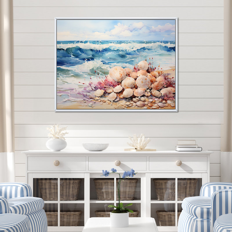 «Beah Beach Tranquil Tide Pointillism I», reproduction d'art sur toile, 16" H x 32" W, Cadre flottant blanc