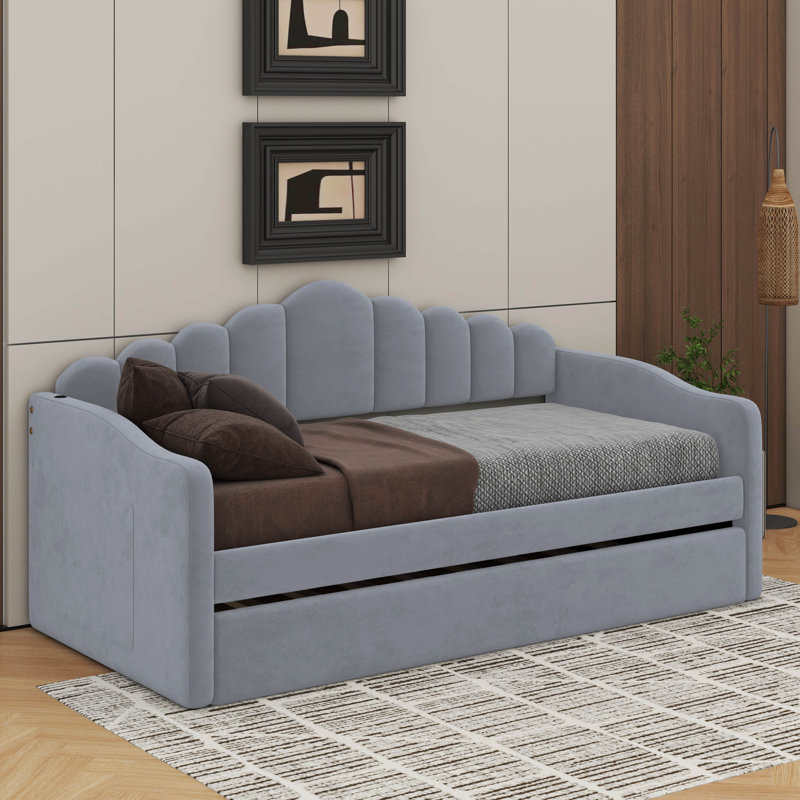 Lit de jour simple tapissier avec lit gigogne et port USB, Gris