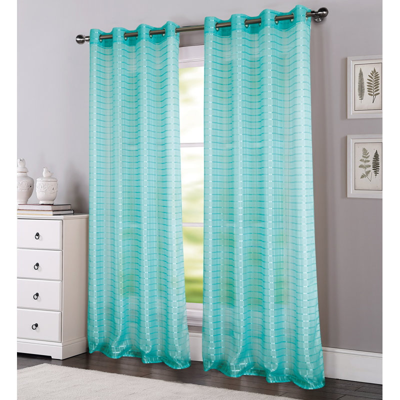 Jardine Plaid Stripe Sheer Window Curtain Panel, Aqua