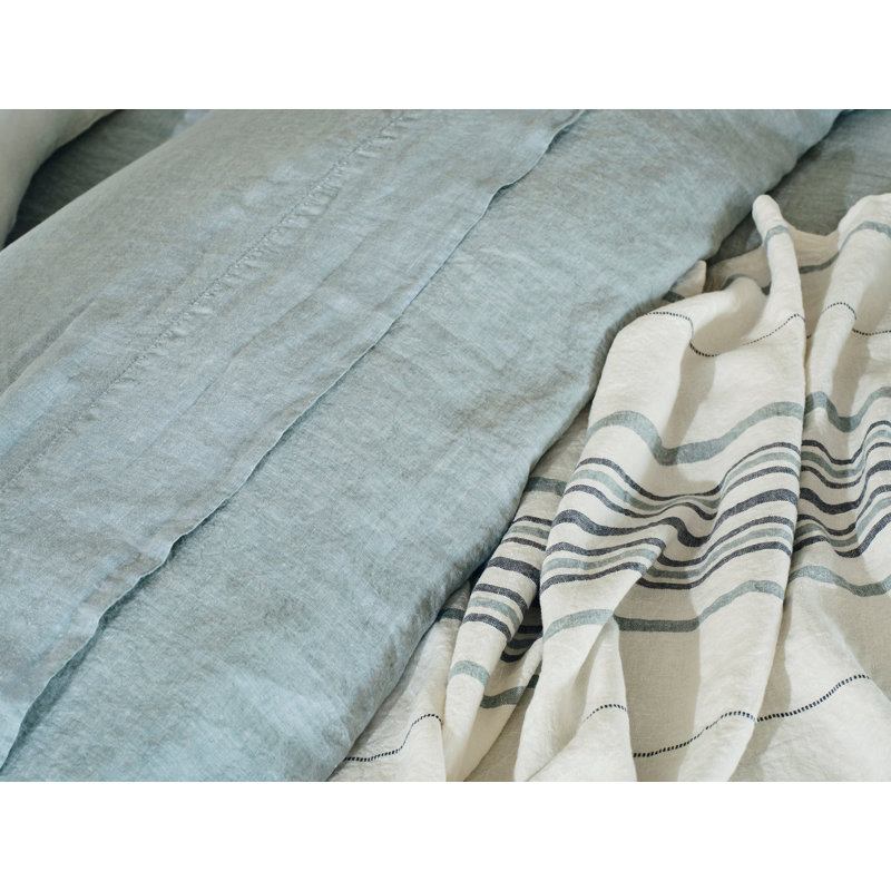 Organic Relaxed Belgian Flax Linen Standard Sheet Set, Queen Sheet Set with 2 Pillowcases, Pacific Blue Chambray