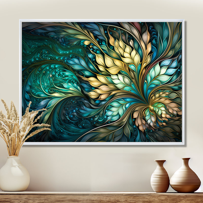 Turquoise, art nouveau, feuilles spirales - Botanicals, impression d'art mural, Toile encadrée flottée blanche