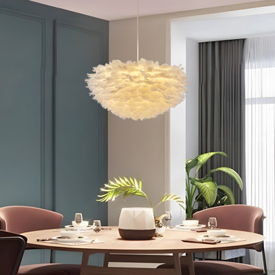 Malie 23.62" Modern Farmhouse 5-Light White Feather Statement Pendant Chandelier For Bedrooms