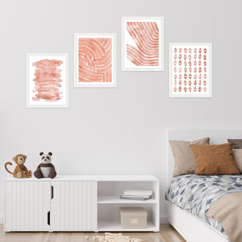 Motif de coups de peinture pastel rouge, formes géométriques abstraites encadrées, décor de salle de bain encadré sur papier, impression 4 pièces
