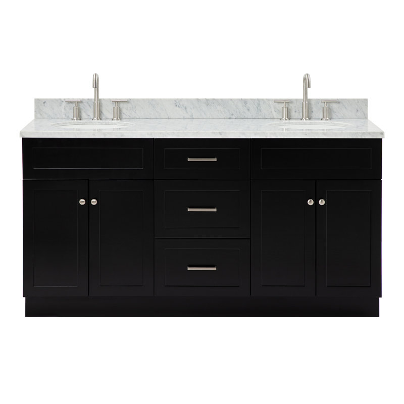 Partham 67'' Double Bathroom Vanity with Carrara Marble Top, Black