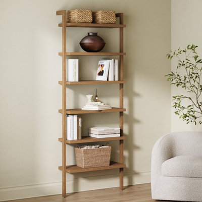 Scandinavian 6-Shelf Wooden Wall Mounted Bookcase in Light Brown