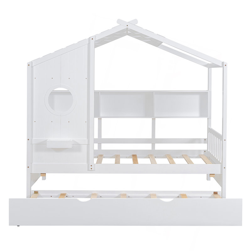 Lit de maison en bois avec lit gigogne, conception moderne avec tablette de rangement (pour enfants et tout-petits), Blanc