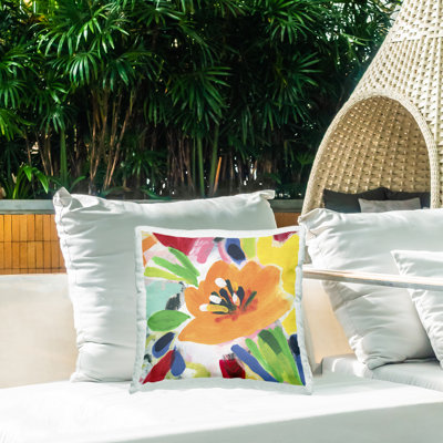 Vivid Orange Flower Impressions Design by June Erica Vess Outdoor Printed Pillow