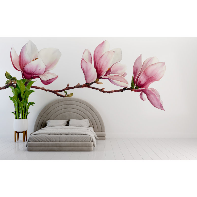 Adhésif décoratif fleur de magnolia - branche murale aquarelle au-dessus du lit, grand art mural floral pour chambre à coucher 073Mv