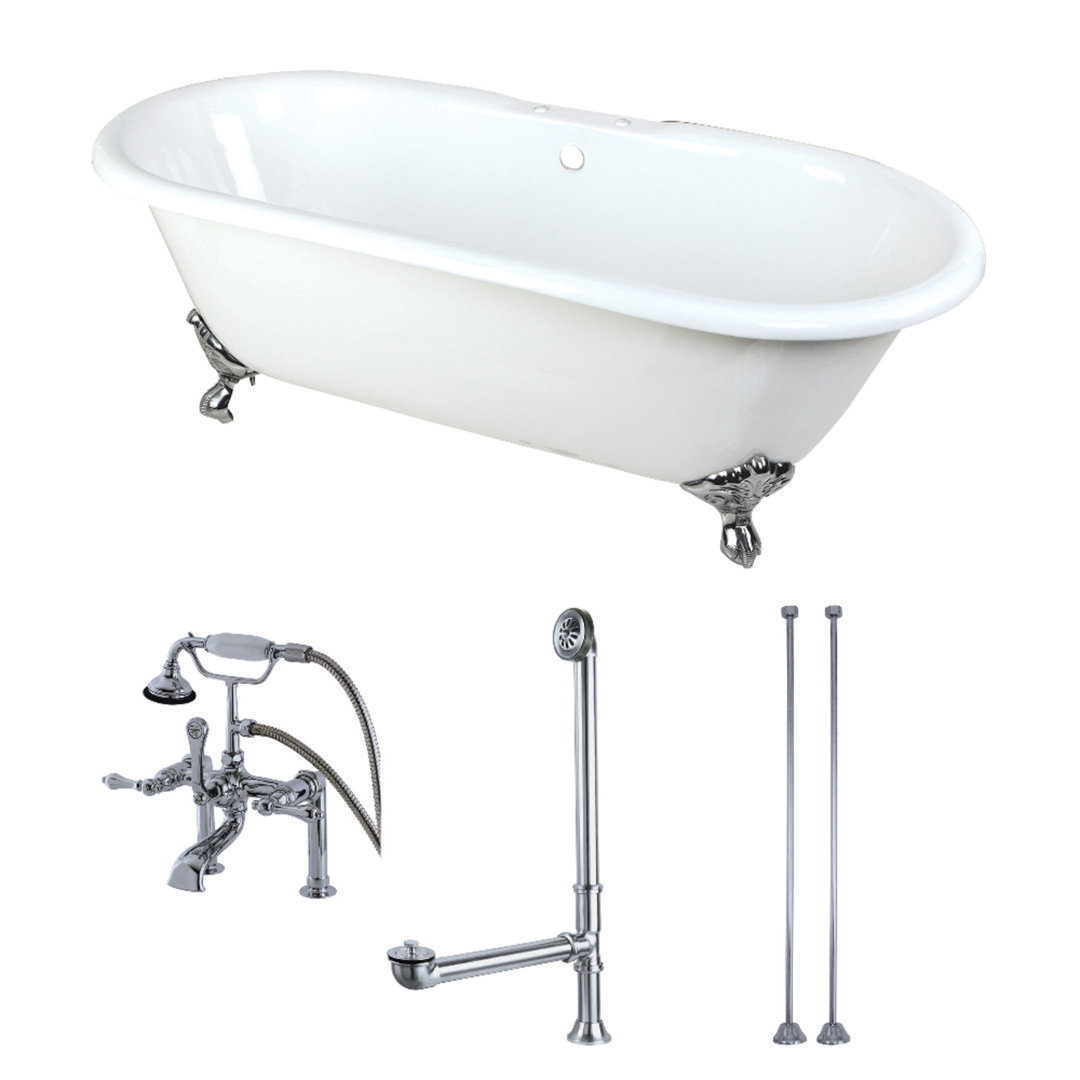 Kingston Brass Aqua Eden 66-Inch Cast Iron Oval Double Ended Clawfoot Tub with Faucet Drain and Supply Lines Combo Kingston Brass 
