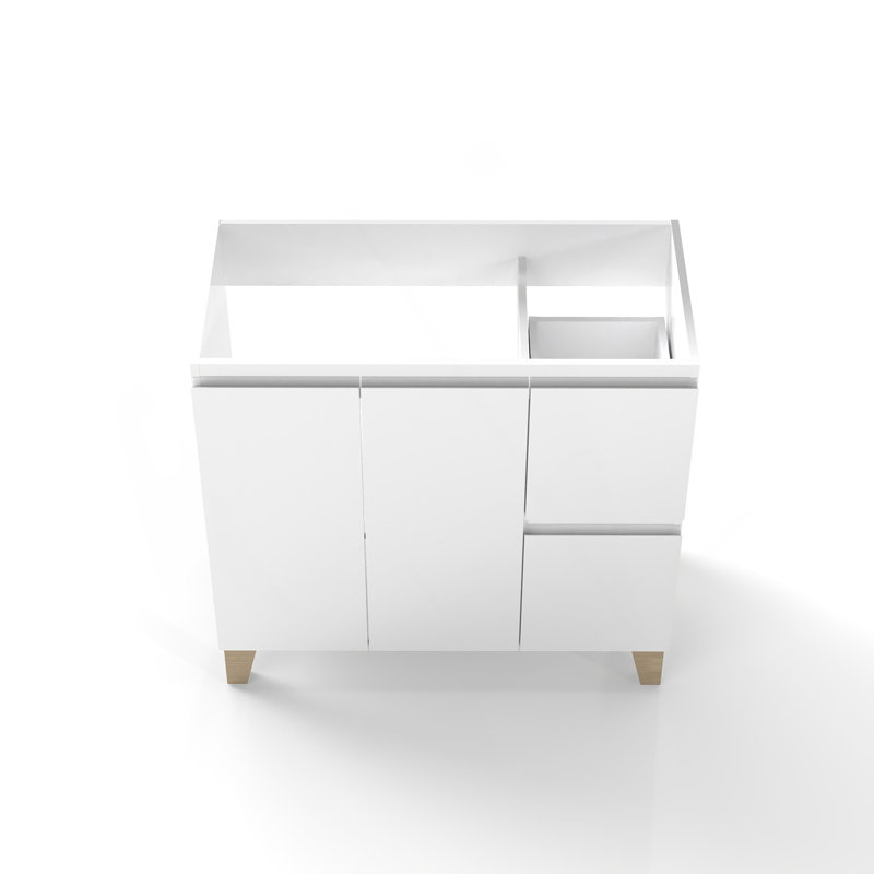 Meuble-lavabo moderne de 36 pouces, armoire avec 2 portes et 2 grands tiroirs, système de fermeture en douceur, conception sans poignée, pieds en bois massif naturel, seulement Cabiney, à utiliser avec un lavabo en céramique de 36 pouces, blanc brillant