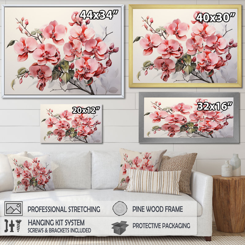 «Pink Orchids Minimalisme Dream II», reproduction sur toile, Cadre flottant doré, H 24 po x l 32 po x P 1 po