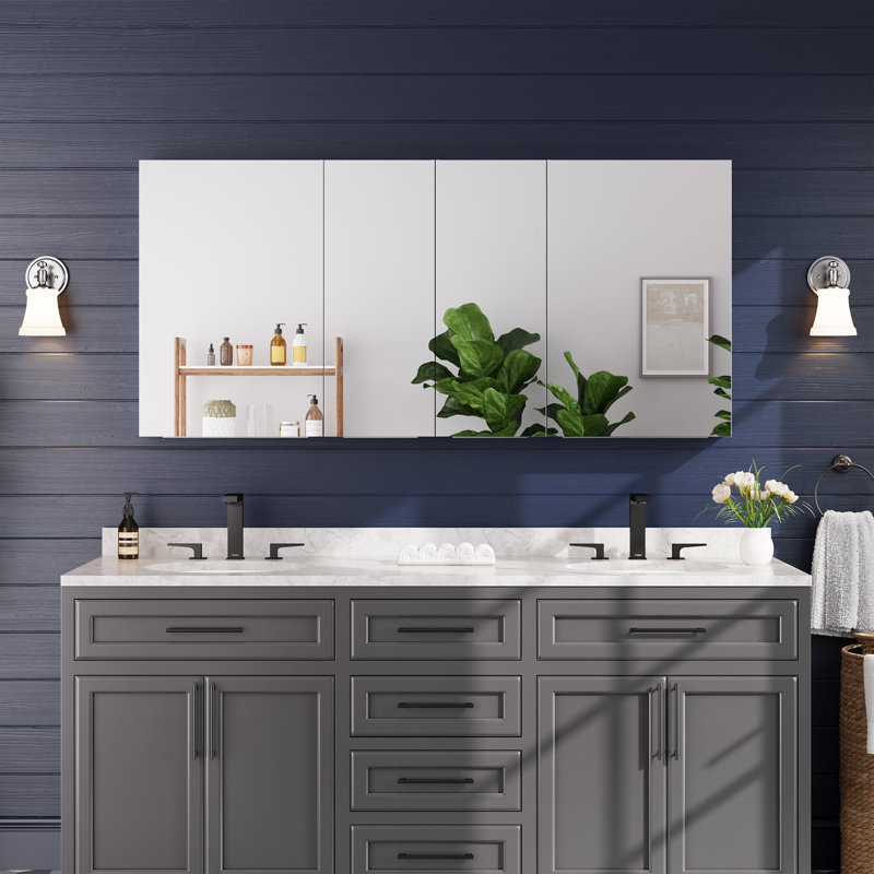 Miroir de salle de bain encastré ou mural sans cadre 4 pièces avec tablettes en verre, 64"