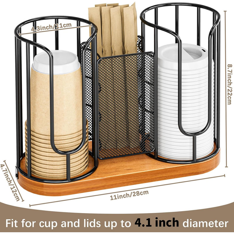 Porte-gobelet à café et couvercles - Organisateur de pailles à tasses jetables avec base en bois, distributeur de porte-gobelets en plastique et papier