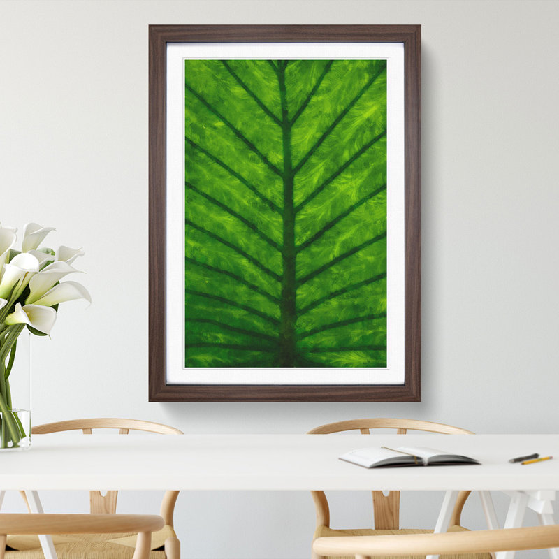 Green Leaf Lines - Single Picture Frame Painting on MDF, 63cm H x 45cm W x 2cm D, Walnut Framed