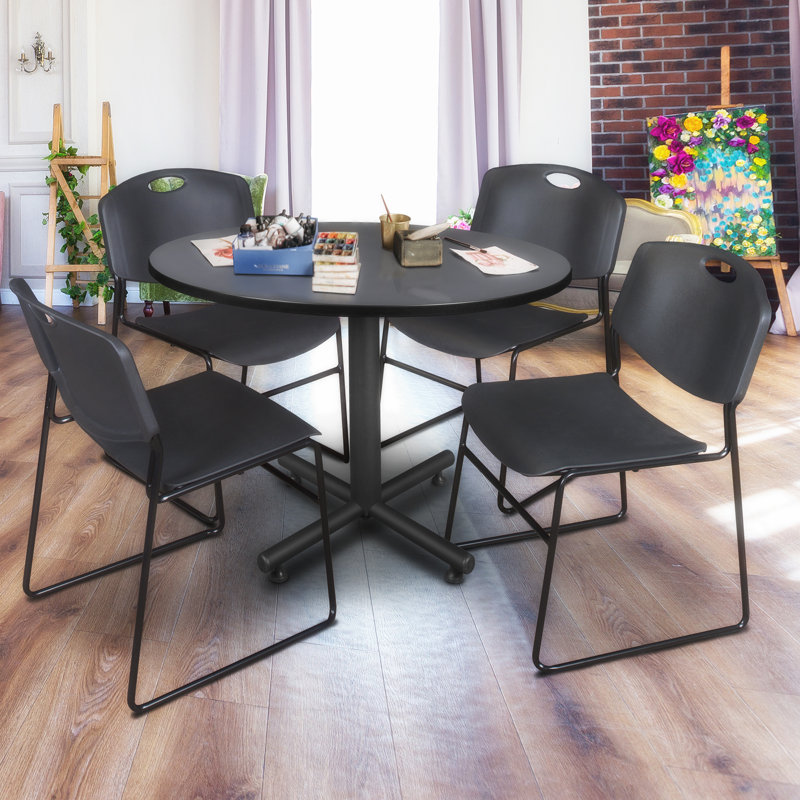 Kobe Round Breakroom Table, 4 Zeng Stack Chairs, Grey, Black
