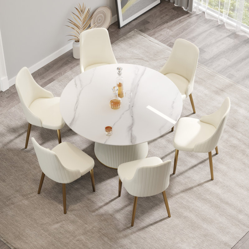 Table de salle à manger 53,15 po en pierre artificielle blanche ronde ronde avec base en contreplaqué beige et polyuréthane pouvant accueillir 6 personnes (sans les chaises)