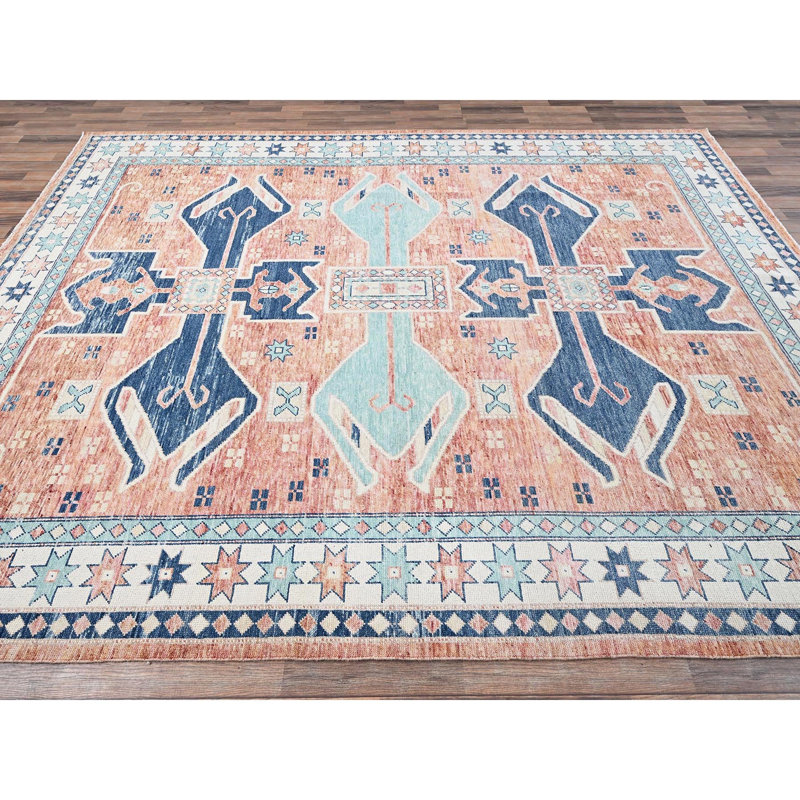 Tapis oriental en laine pure noué à la main de couleur pêche 9 pi x 11 pi 9 po, nœud turc, velours nul, motif village anatolien, noué à la main