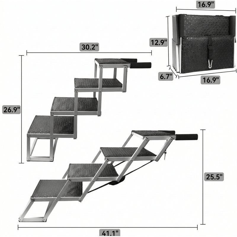 Rampe pour véhicule pour chien, escalier canin pliable en 4 étapes, fabrication en aluminium, finition noire, supporte jusqu'à 250 lb
