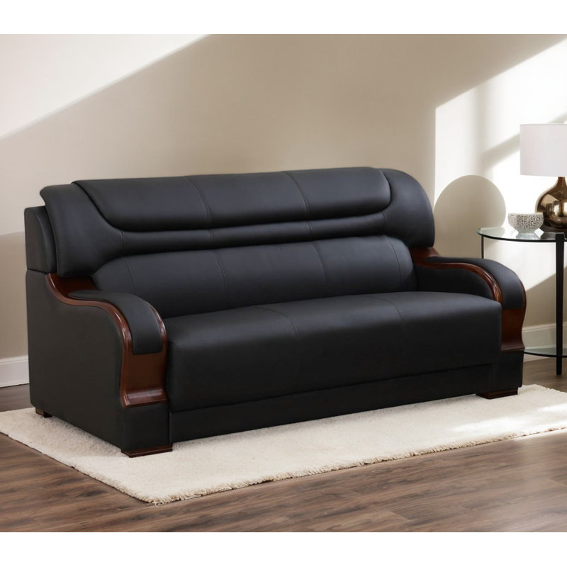 Nerisse 77" Genuine Leather Living Room Sofa, Black Genuine Leather