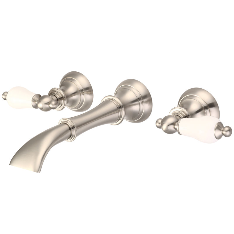 Robinet pour salle de bain mural cascade, Nickel brossé, Levier en porcelaine avec écriteaux