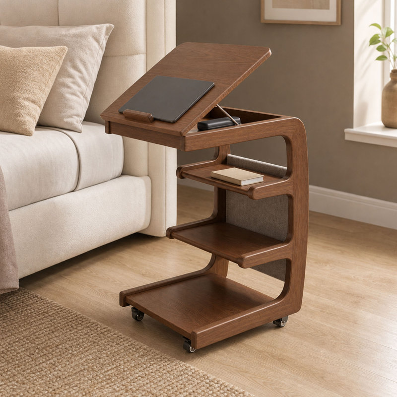 Table d'appoint roulante en forme de C avec bureau inclinable réglable et rangement