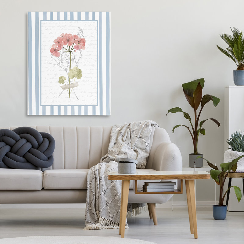 Croquis d'herbes sur toile à rayures bleues, design par lettré et doublé, H 30 po x l 24 po
