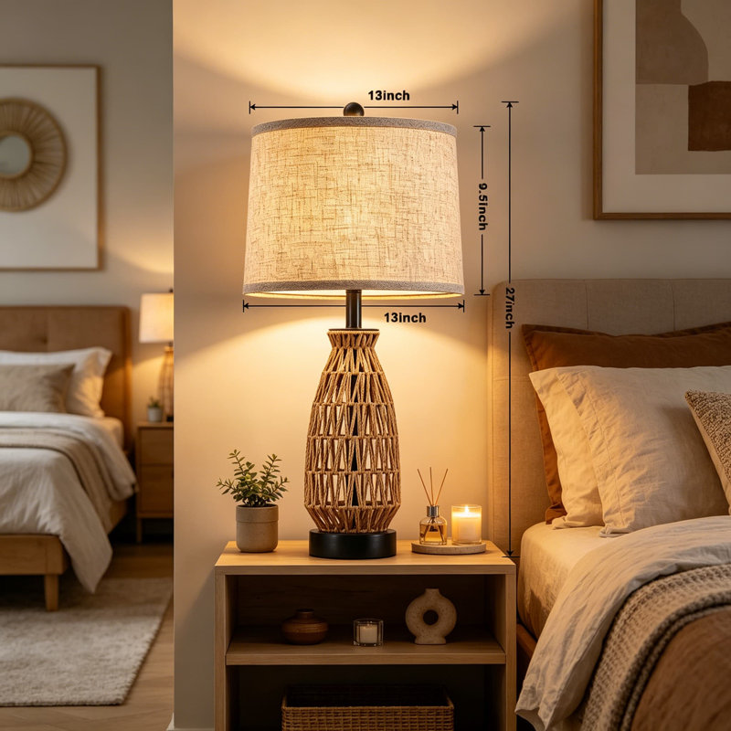 Ensemble de 2 lampes de table Boho en rotin tissé à la main de 27 pouces avec abat-jour en tissu, lampes campagnardes en osier avec interrupteur rotatif