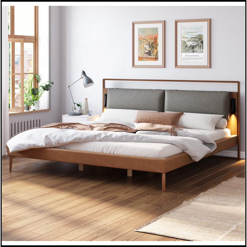 Brown&Gray Leather Bed with 2pcs Night Lights, King